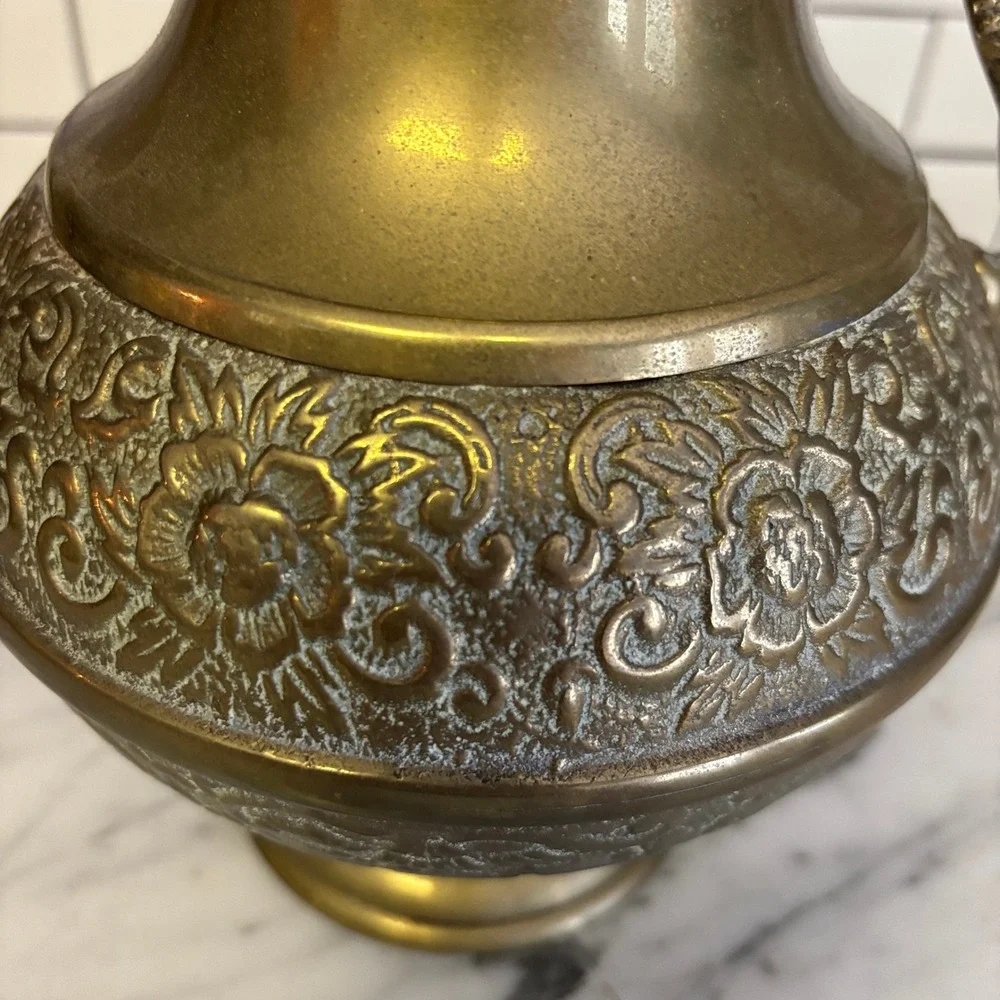 Vintage Brass Dragon Handles Floral Embossed Heavy Urn Style Vase Made in Korea
